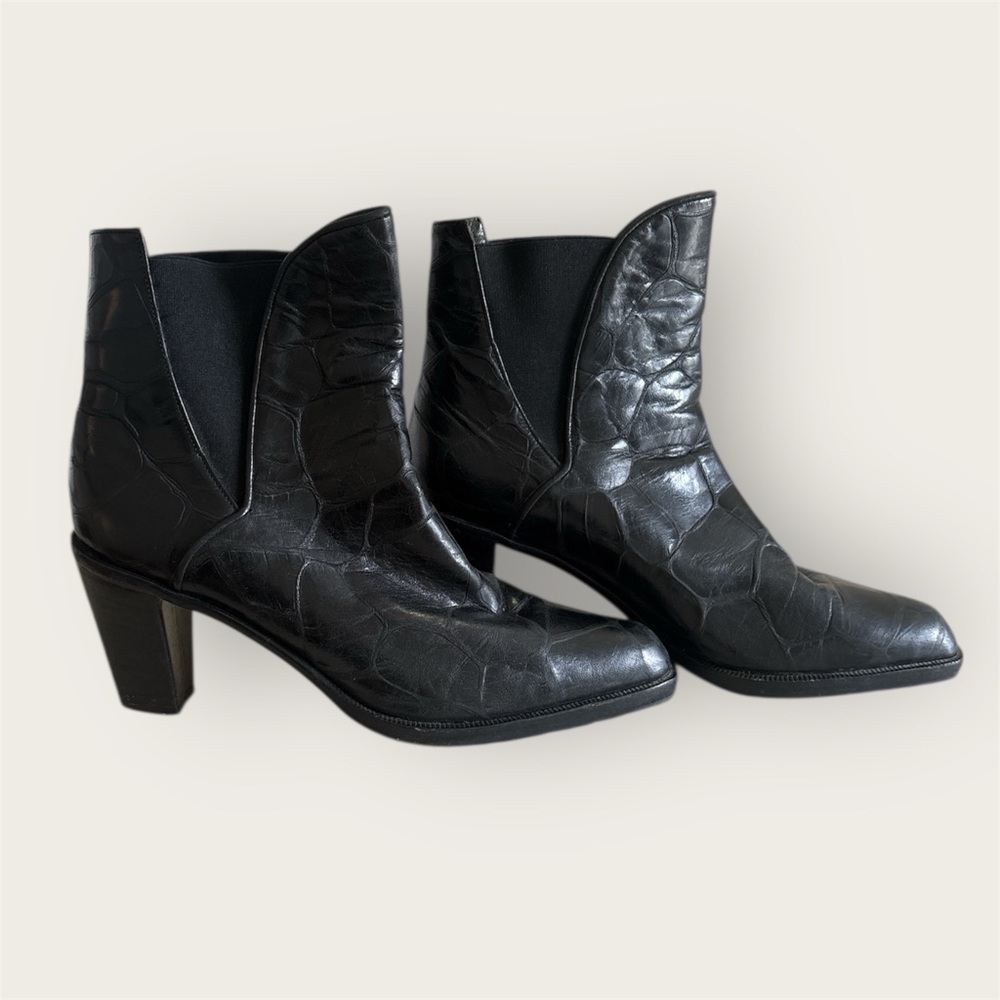 Via Spiga Black Croc Leather Ankle Boots | Western Block Heel | timeless Size 7